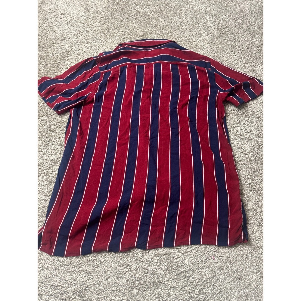 Hollister Mens Large Red Navy Striped Short Sleeve Viscose Button Down Shirt - Picture 3 of 9